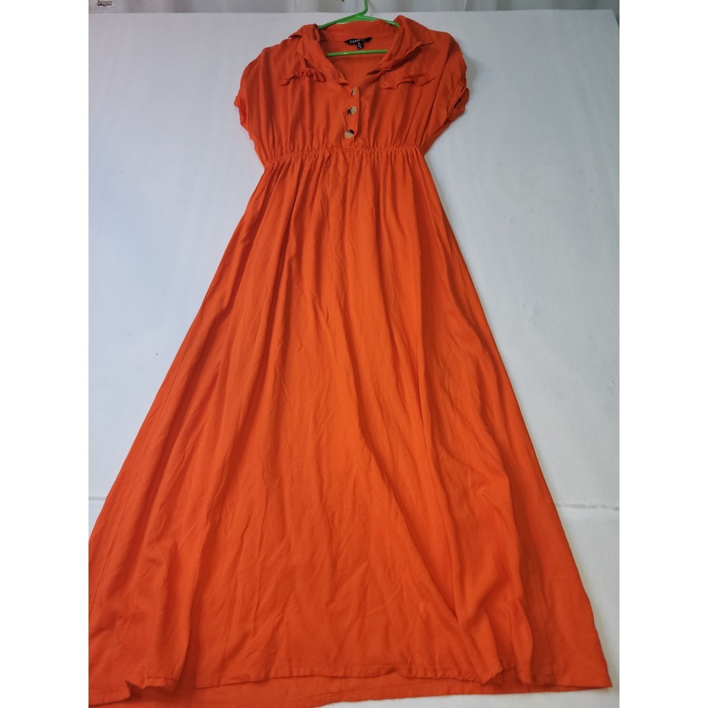 Cato Womens Orange Short Sleeve Button Up Elastic Waist Maxi Dress Size S 2209